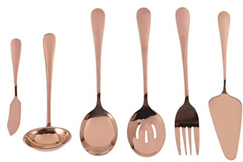 arlote 6-Piece Serving Flatware Silverware Set, Serving Utensil Set,Include Cake Server, Slotted Serving Spoon Rose Gold