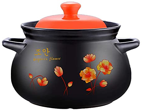 RajoNN Tiefe Auflaufform aus Keramik, irdener Topf, Blumenmuster, Tontopf, Suppentopf mit Deckel, hitzebeständig, gesundes Kochgeschirr für langsames Kochen, Schwarz, Schwarz schwarz-3,5 l