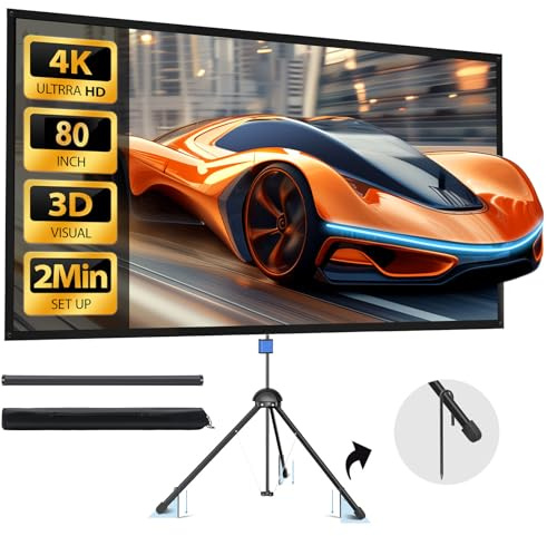 80 4K HD PVC Projector Screen with Stand - 16:9, 1.5 Gain, Indoor/Outdoor, Wall Hanging & Ground Use, Includes Carry Bag