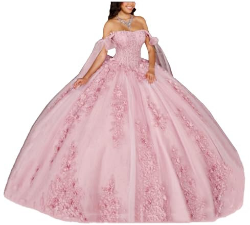 TSxuelian Damen Glitzer Rosa Quinceanera Kleid Ballkleid 3D Floral Applique Sweet 16 Kleider, hellrosa, 36