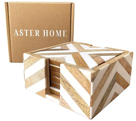 ASTER HOME - Conjunto de 6 Posavasos Cuadrados para Bebidas con Soporte a Juego, Estilo Original Retro Vintage Variedad Colores - Protección para tu Mesa - 10 cm (Marrón y Blanco)