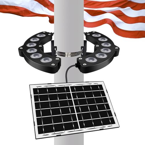 Solar Flag Pole Lights Outdoor Waterproof LED 3800 Lumen Brightest Solar Light for 15-40 ft Flagpoles 12000mAh Batteries Flagpole Light Solar Powered Auto Dusk to Dawn for 12+ Hours Ring Flag Light