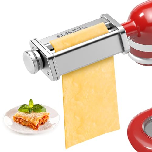 NEWSETS Nudelwalzenaufsatz für KitchenAid Standmixer, Edelstahl Pasta Maker für Pasta, Ravioli, Nudelteigblattroller mit 8 einstellbaren Dicken-Knopf