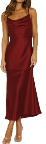 Mogidol Vestido de Verano de satén con Tirantes Delgados, Cuello drapeado, Espalda Descubierta, Elegante, Vestido de cóctel Fruncido con Espalda Baja, Borgoña, M