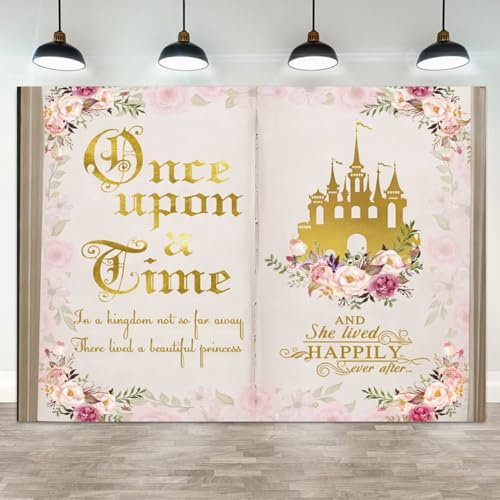 ASDCXZ Fotohintergrund, 3 x 2 m, Once Upon a Time, rosa Blume, Gold, Schloss, Fotografie, Hintergrund, Märchenbücher, Blumenprinzessin, Mädchen, Geburtstag, Banner, Dekorationen, Märchen, Hochzeit