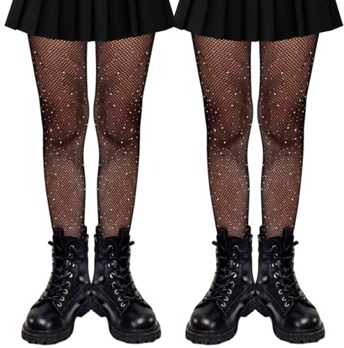 UILYNIU 2 Pares Medias de Red con Piedras de Estrás para Niñas, Medias de Rejilla para Niña, Pantimedias con Patrón de Malla para Gimnasia Cosplay Ballet Fiesta Danza Espectáculos