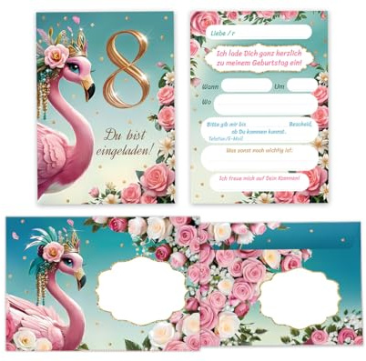 JuNa-Experten 8 Einladungskarten incl. 8 Umschläge zum 8. Kindergeburtstag Mädchen Flamingo coole bunte Einladungen achte Geburtstag Mädchengeburtstag