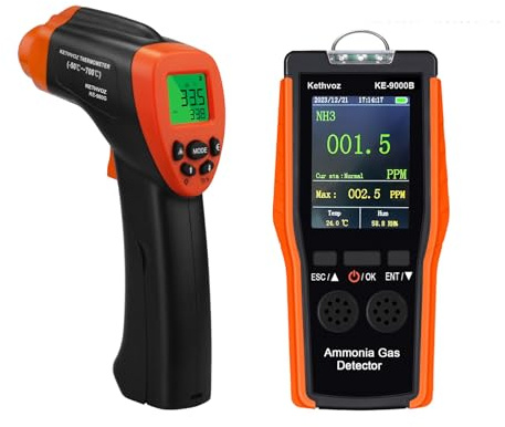 Detector de Gas Amonio Kethvoz 0-100ppm Sensor Electroquímico + Termómetro Infrarrojo -50℃-700℃, Relación de Distancia 16:1 para Seguridad Industrial, Granjas y Laboratorios, 9000B + 980G