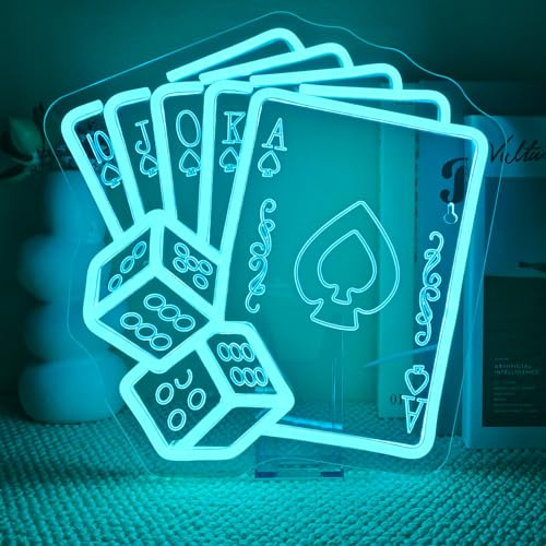Wanxing Flush Neon Schild,Led Schild Poker Stil Wanddekoration,Neon Sign Dice Kreativ mit USB für Wand,Led Sign Kartenspiel Dimmbar Lichtwerbung für Pub Bar,Spielzimmer,Spielzimmer,Game Room Blau