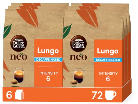 NESCAFÉ Dolce Gusto NEO Lungo Décaféiné , 72 Dosettes de Café , 6 x 12 | Dosettes compostables à base de papier , Compatibles uniquement avec les machines NDG NEO , Intensité 6
