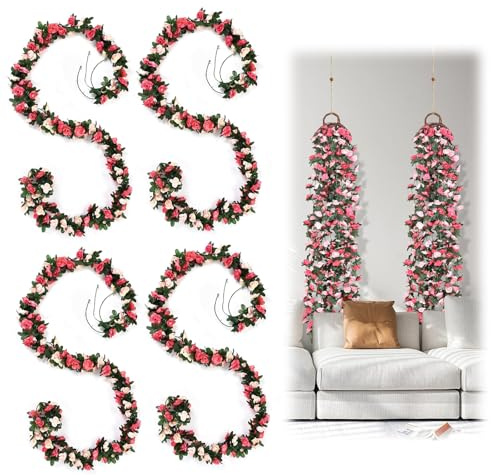YcsRnn 4 Pack Artificial Flower Garlands Floral Garland- 45 Simulated Flower Vine Hanging Rose for Outdoor Indoor Wedding Wall Decoration (Pink Flower)