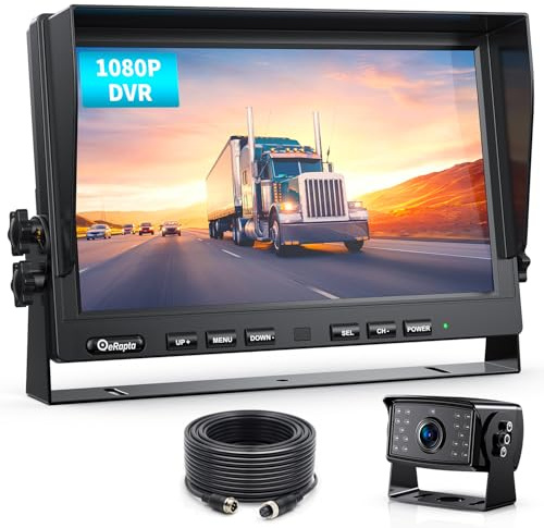 eRapta 10 1080P Wired Backup Camera System Kit, HD Dual Split Screen Monitor with Recording IP69 Waterproof Rear View Camera Parking Lines Supports Up to 2 Cameras for Truck/Trailer/RV