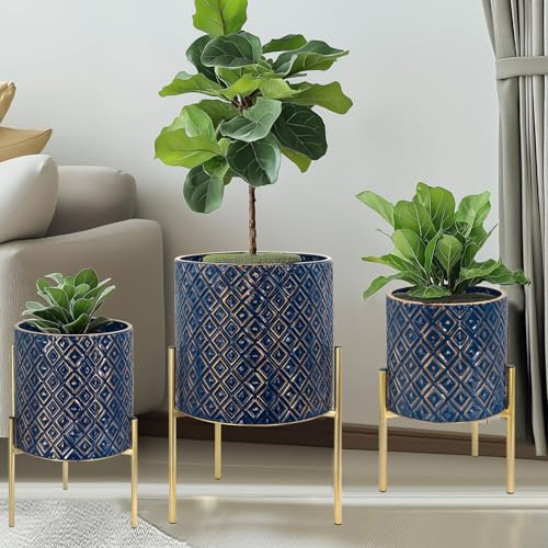 G-LEAF Set 3 Pflanzgefäße mit Gold Ständer aus Metall 25&20&15cm Hoch, Innen&Outdoor Moderne Blumentöpfe mit Relief Rautenmusterfür Wohnzimmer Ecke/Küche/Büro/Garten/Balkon Dekoration (Dunkelblau)
