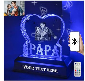 Personalisierte 3D Kristall Foto für den Vatertag Personalisierte gravierte Herz Kristall Foto Lampe Nachtlicht mit Bluetooth Musik Player Vatertag Geburtstag Geschenke für Papa Papa Opa Ehemann