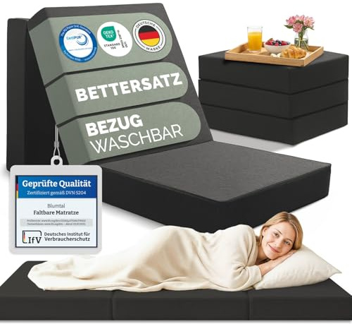 Blumtal Klappmatratze 195x75 cm - 3teilige Gästematratze klappbar extra dick (14 cm) - rückenfreundliche Faltmatratze Schaumstoff- Schlafmatratze + Bezug in Anthrazit hautfreundlich & waschbar
