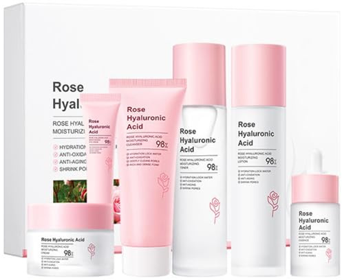 Rose Gesichtspflege Set 6 tlg in Originalgröße, Hyaluron Skincare Set, Geschenkset Frauen, Teenager Mädchen Pflegeset, Luxus-Beauty Set Geschenkbox mit Reiniger, Toner, Serum, Lotion, Creme, Eye Cream