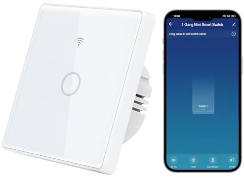 Interruptor de Luz Táctil Inteligente WIFI, Interruptor Táctil de Pared con Panel de Cristal, Compatible con Alexa y Assistant, (Requiere Cable Neutro) Fácil Instalación, 1 Gang 1 Vía, 86mm Blanco