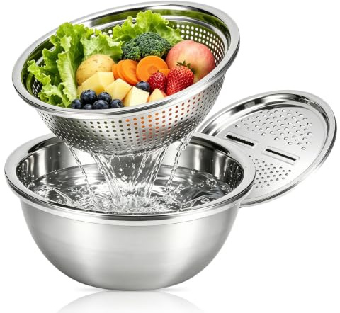 Acciaio Inossidabile Lavello Per Scolapasta 3 in 1, Ciotole Cestello Di Scarico Tagliaverdure Ciotola, Insalata Utensili Cucina, Colini E Scolapasta Rondella Per Cucinare Preparare La Conservazion