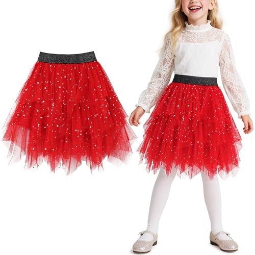 Keyck Falda de Tutú para Niñas, Elegante Tutu Faldas Ballet con Estrella Lentejuelas, 3 Capas Elástica Disfraz de Princesa Carnaval Cumpleaños Party Halloween Fiesta 9-10 Años, Rojo