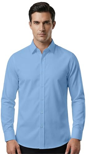 ZHAOCAI Camisa de hombre de manga larga sin planchado, corte regular, camisa de ocio Slim Stretch Button Down camisas de moda cuello alto, azul, M