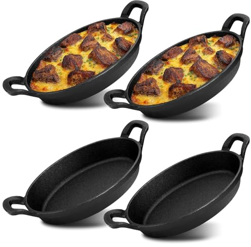 Cast Iron Sizzling Pan, 4 Pack Oval Gratin Dishes, 27.5cm Individual Serving Skillet Set with Handles for Steaks, Tapas, BBQ, Baking and Camping, Matte Black Fajita Dish