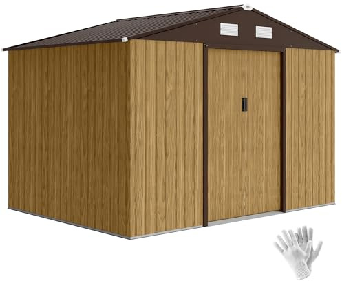 Outsunny Abri de Jardin extérieur 4,9 m², 277 x 195 x 192 cm, abri de Jardin métallique avec Porte coulissante, Ventilation et kit de Fondation, pour Le Rangement d'outils, Marron Clair