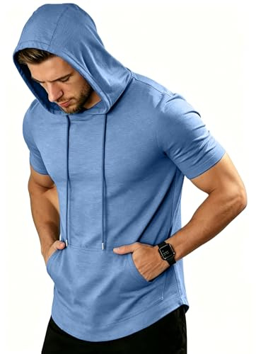 ZITY Men's Short Sleeve Hooded T‑Shirt Muscle Fit Workout Gym Pullover Top Lightweight Summer Athletic Shirts with Pocket for Running Hiking M-3XL
