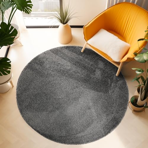 SIMPEX Teppich Rund 120 cm Grau, Kurzflor, Einfarbig, Modernes Design, Pflegeleicht, rutschfest, Weicher Bodenteppich für Wohnzimmer, Schlafzimmer, Esszimmer