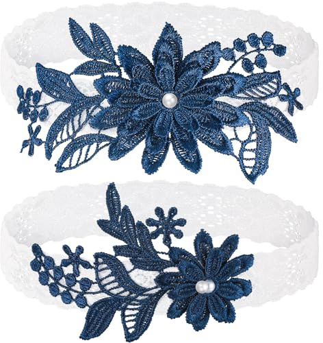 2 Pieces Wedding Garters for Bride Sexy Lace Leg Garter Belt Hand Sewn Faux Pearls Bride Garter Set(Navy Blue)