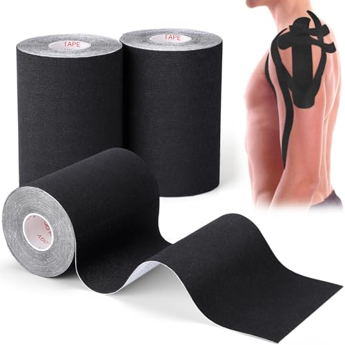 3 Pack Kinesiology Tape - Pro-Grade, Water Resistant & Breathable for Active Lifestyles, Latex-Free Cotton Elastic Tape for Muscle & Joint Support on Knee, Ankle, Shoulder, Wrist - Black 4in 5.5yd