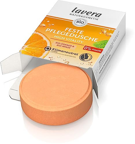 lavera, Feste Pflegedusche High Vitality mit BioOrange und BioMinze reinigt die Haut sanft ohne sie auszutrocknen 3x ergiebiger als flüssiges Duschgel Naturkosmetik Stk 50g, Weiß, Zitrus/Orange