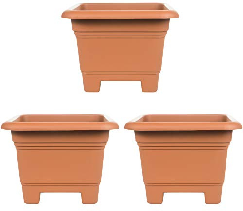 3er Set Pflanzkübel aus Kunststoff, eckig 38 x 38 x Höhe 28 cm, extra stabil, Blumenkübel Blumentopf Pflanztopf, Farbe: Terrakotta