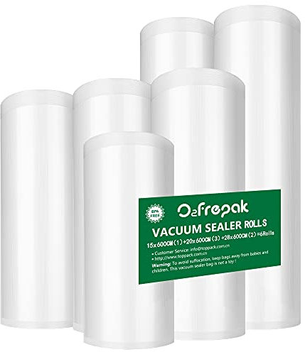 O2frepak 6 Folienrollen 15x600cm(1) und20x600cm(3) und28x600cm(2) Vakuumierrollen für Lebensmittel,BPA-Frei Vakuumierbeutel Sous Vide Beutel Folien für Vakuumierer und Folienschweißgeräte Geeignet