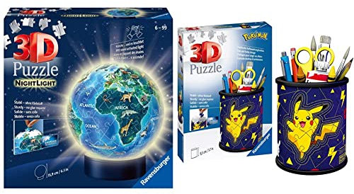 Ravensburger 3D Puzzle 11844 - Nachtlicht Erde bei Nacht - 72 Teile - LED Nachttischlampe mit Klatsch-Mechanismus & Utensilo Pokémon Pikachu - 54 Teile - Stiftehalter für Pokémon Fans ab 6 Jahren
