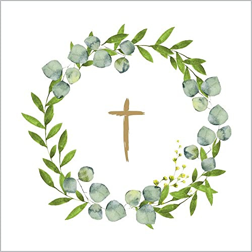Miss Lovely Kommunions-Servietten Konfirmations-Servietten Kreuz Botanical mit Eukalyptus Kranz/Ranke Kirchliches weiß & grün Fest Kommunion Konfirmation Firmung Taufe Junge & Mädchen 40 Servietten