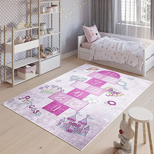 TAPISO Emma Kinderteppich Rosa Zahlen Prinzessin Antirutsch 120 x 170 cm | Waschbar bei 30 Grad bedruckter Kinderteppich Kinderzimmer Jugendzimmer Modern OEKO-TEX
