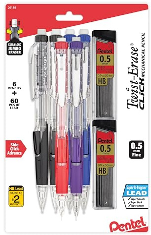 Pentel Twist-Erase Click Mechanical Pencil (0.5mm), Pack of 6 Pencisl with 2 Pack of Lead Refills (PD275TLBPS6M)
