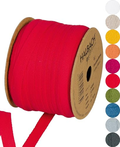 Halbach Sidenband bomullsband 10 mm x 30 m, band för pyssel som metervara, tygband för dekorationer, vävband 100% bomull gör-det-själv hantverk, snedband sömnadsarbeten, färg: röd, 24500