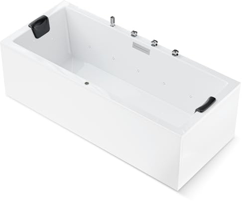 AQUADE Acryl Badewanne 180x80 Modell: Neu Ulm - Weiß Badewanne Komplettset 180x80 - Badewannen mit Wannenfüßen + Schürze + Wannenrandarmatur + Nackenkissen + Led
