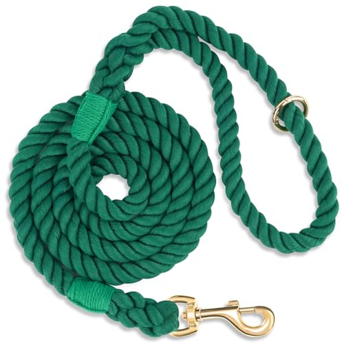 NUGUTIC Laisse pour chien en corde de coton tressé à la main pour chiens de petite, moyenne et grande taille, fermoir en métal doré robuste, vert foncé, 1,5 m