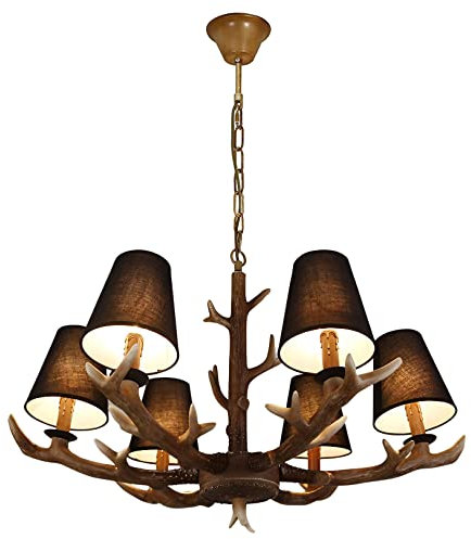 PAZWAHF 6-flammige rustikale Geweih-Kronleuchter, Vintage-Hirschhorn-Pendelleuchten, Stoffschirm, Bauernhaus-Deko-Hängeleuchter für Wohnzimmer, Esszimmer, Loft