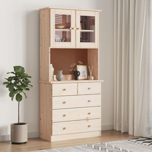 Hommdiy Küchenschrank, Hochschrank Küchenbuffet Vitrinenschrank, Buffetschrank Highboard ALTA Highboard mit 5 Schubladen 77x35x165 cm Massivholz Kiefer