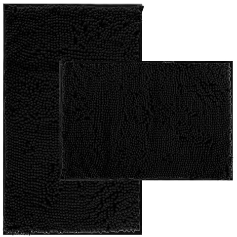 RUN HELIX Bathroom Rugs Set 2 Piece Thick Chenille Bath Mats, Soft Quick Dry Plush Absorbent Bath Rugs with Non-Slip PVC Backing, 32x20+24x16 Inch Black