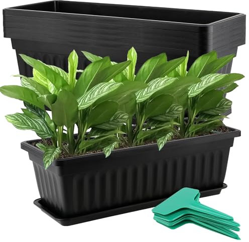 JOIKIT 6 PCS 17 Inch / 43cm Black Plastic Window Box Planter, Rectangular Flower Pot, Windowsill Planter with Removable Tray and Green Plant Label for Indoor, Outdoor