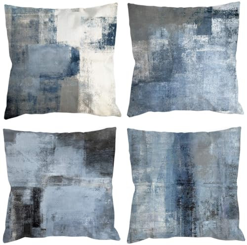 Blau Grau Kissenbezug kissenbezüge 40x40 4er Set Dekokissen Modern Sofakissen Leinen Kissenhülle Abstrakte Gemälde Deko Kissen Aesthetic Couchkissen Kuschelkissen für Sofa Wohnzimmer Zierkissen
