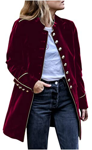 AMhomely Velours Blazer Damen Retro Vintage Mittelalter Anzugjacke Multi Knopf Kleid Jacke Großvater Kragen Business Jacke Elegant Renaissance Jacke Knopfmanschette Samtjacke Hochzeit Party, 01 Wein,