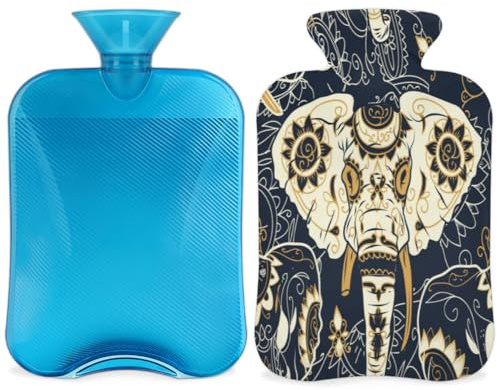 Retro Elephant Pattern Hot Water Bottle with Soft Cover 2L Hot Water Bag for Hot and Cold Compress, Hand Feet and Bed Warmer, Menstrual Cramps, Neck and Shoulder Pain Relief