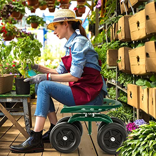 GYMAX Sgabello da Giardino con Ruote, Sedile da Lavoro Regolabile in Altezza per Giardinaggio