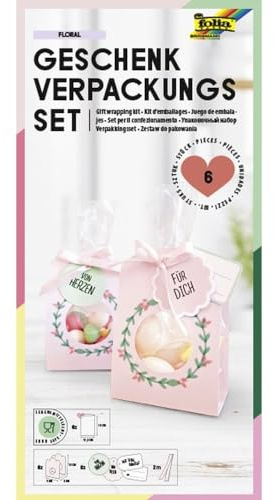 folia 48203 - Geschenkverpackung FLORAL, Verpackungsset für Kekse, Pralinen und andere Süßigkeiten, mit Papiertüten, Kordeln und Anhängern