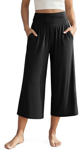 ODODOS Women's Wide Leg Palazzo Lounge Cropped Pants with Pockets Pajama Capri Pants-22 Inseam, Black, Large